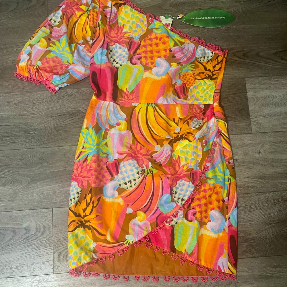 Farm Rio one shoulder dress. Never been worn. tags still on. Size medium.